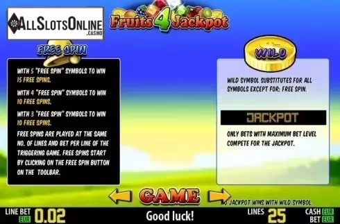 Paytable 2. Fruits 4 Jackpot HD from World Match