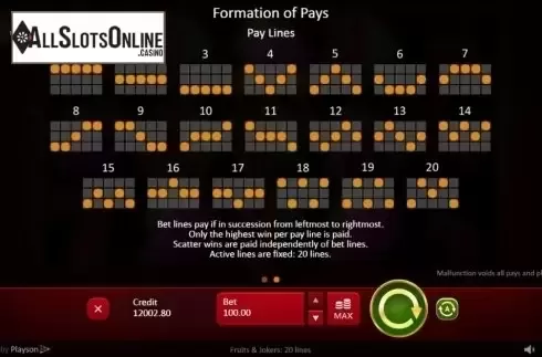 Paytable 2. Fruits & Joker from Playson