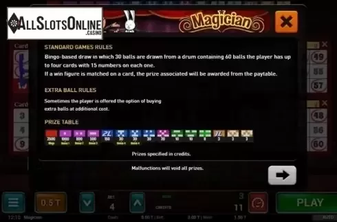 Paytable. Magician Bingo from MGA