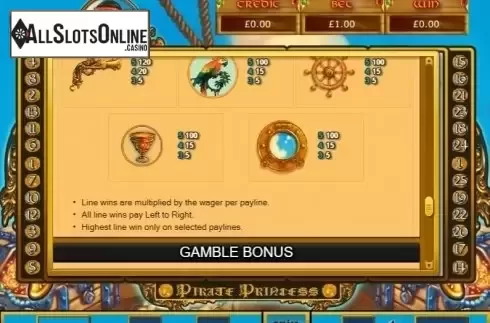 Paytable. Pirate Princess from Eyecon