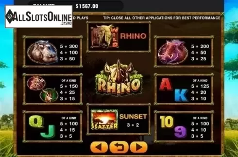 Paytable. Rhino from GMW