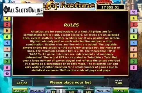 Paytable 3. Rings of Fortune from Greentube