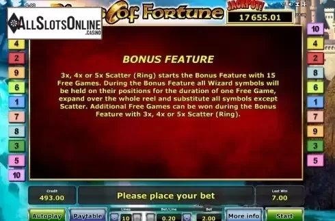 Paytable 2. Rings of Fortune from Greentube