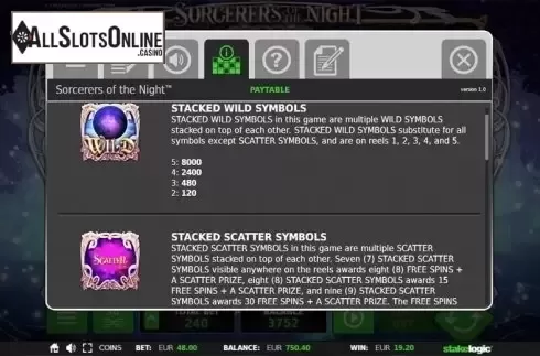 Paytable 1. Sorcerers of the Night from StakeLogic