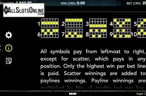 Paylines screen