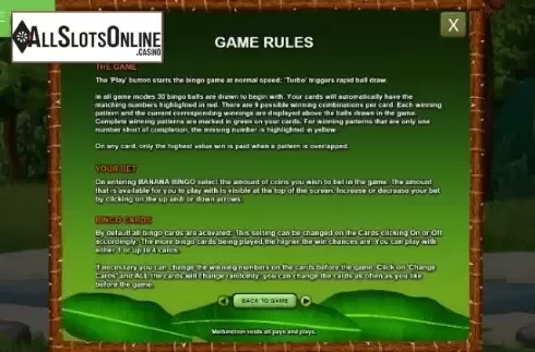 Rules Screen. Banana Bingo from Caleta Gaming