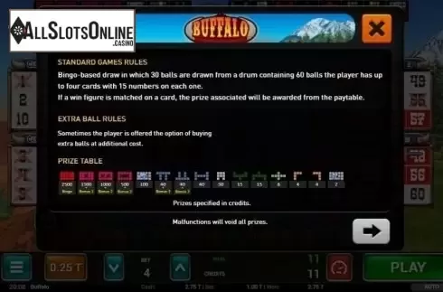 Paytable. Buffalo Bingo from MGA