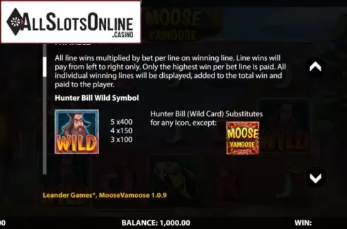 Paytable screen 2. Moose Vamoose from HungryBear