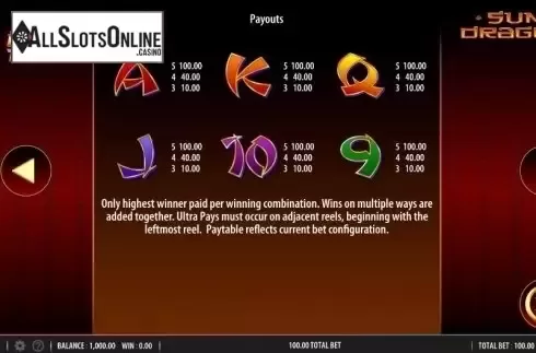 Paytable 2. Quick Hit Ultra Pays Sun Dragon from Bally