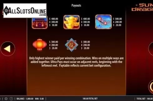 Paytable 1. Quick Hit Ultra Pays Sun Dragon from Bally