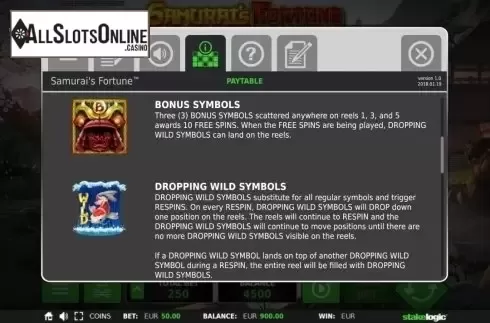 Paytable 2. Samurai's Fortune from StakeLogic