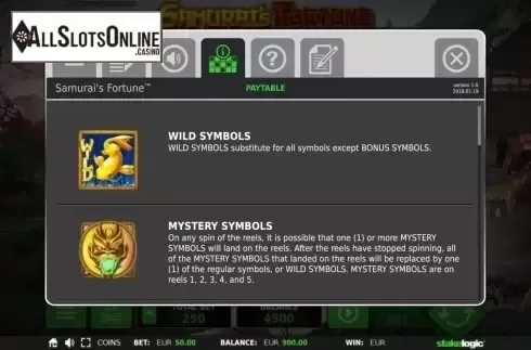 Paytable. Samurai's Fortune from StakeLogic