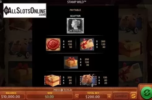 Paytable screen 1. Stamp Wild from Green Jade Games