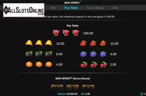 Paytable. Win Sprint from Realistic