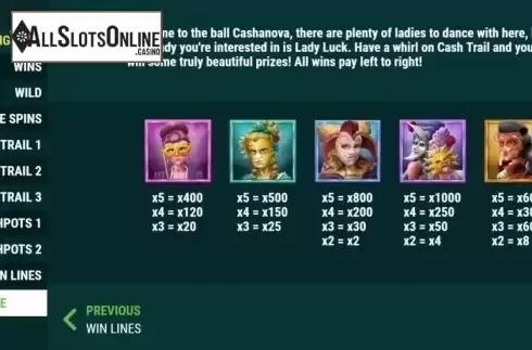 Paytable 1. Cashanova Cashpots from Slot Factory