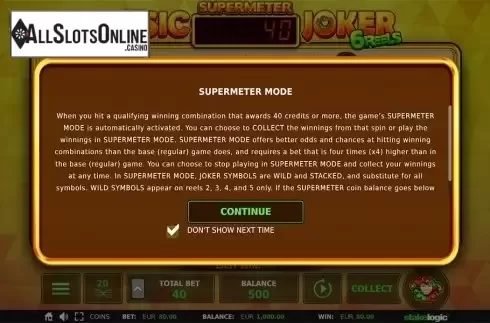 Supermeter mode intro screen. Classic Joker 6 Reels from StakeLogic