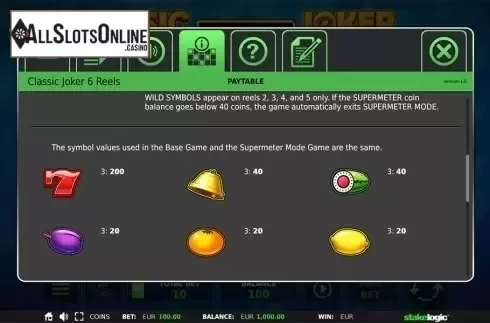 Paytable 2. Classic Joker 6 Reels from StakeLogic