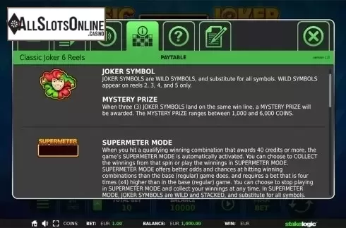 Paytable 1. Classic Joker 6 Reels from StakeLogic