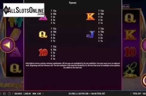 Paytable. Desert Cats from WMS