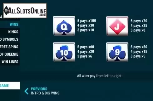 Paytable screen 2. King Sized Spins from Slot Factory