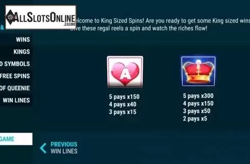 Paytable screen. King Sized Spins from Slot Factory
