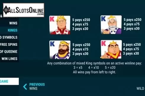 Paytable screen 3. King Sized Spins from Slot Factory