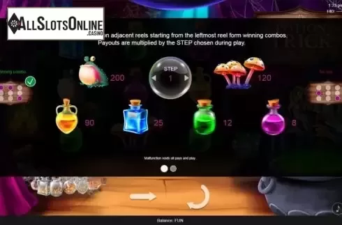 Paytable screen. Potion Trick from Espresso Games