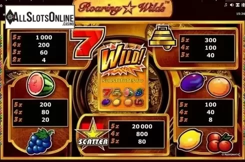 Paytable. Roaring Wilds (Green Tube) from Greentube