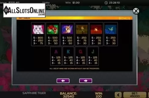 Paytable. Sapphire Tiger from High 5 Games