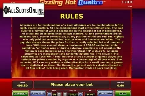 Paytable 2. Sizzling Hot Quattro from Greentube