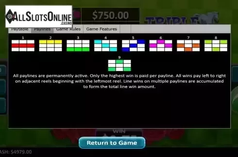 Paylines screen
