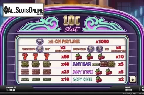 Paytable. 10C Slot from Gluck Games