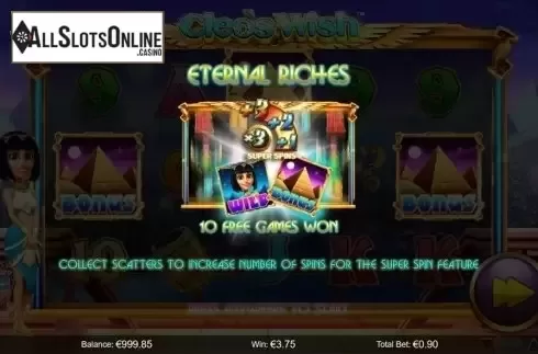 Free Spins Presentation screen. Cleo's Wish from NextGen