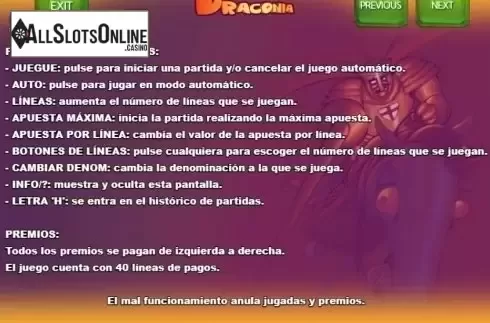 Paytable 2. Draconia from R. Franco