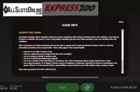 Info 4. Express 200 from Hacksaw Gaming