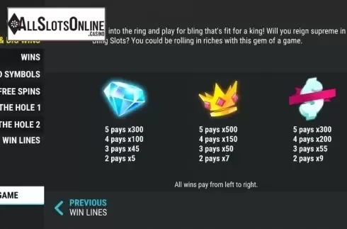 Paytable screen 1. King Bling Slots from Slot Factory