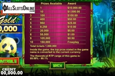 Paytable. Panda Gold Scratchcard from Pragmatic Play