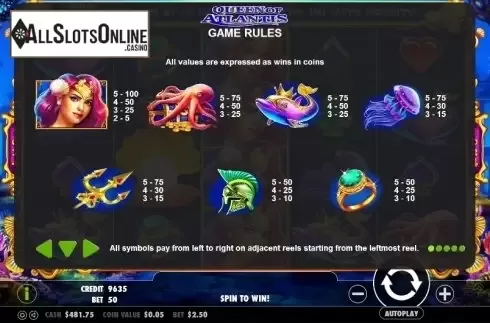 Paytable 1. Queen of Atlantis from Pragmatic Play