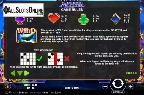 Paytable 2. Queen of Atlantis from Pragmatic Play