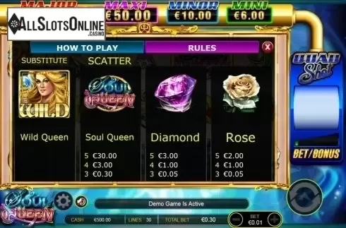 Paytable. Soul Queen Quad Shot from Ainsworth