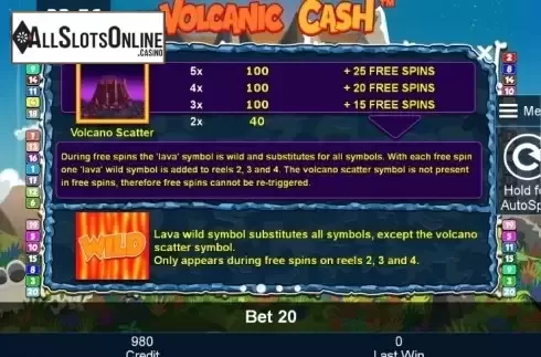 Paytable 2. Volcanic Cash from Greentube