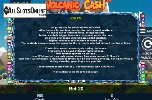 Paytable 4. Volcanic Cash from Greentube