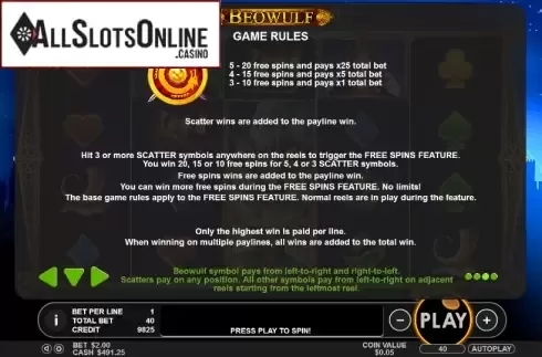 Paytable 3. Beowulf (Pragmatic) from Pragmatic Play