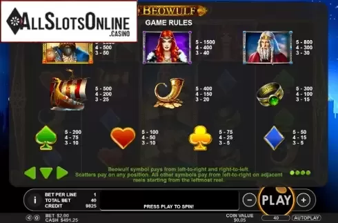 Paytable 1. Beowulf (Pragmatic) from Pragmatic Play
