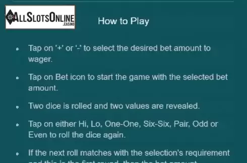 Game rules. Dice Hi Lo (PG Soft) from PG Soft