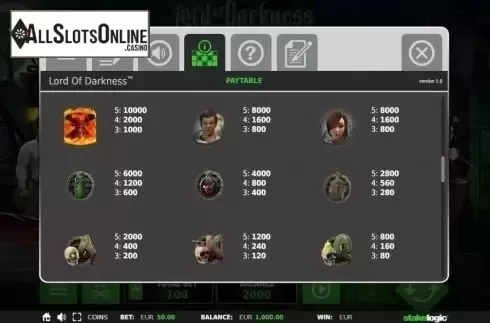 Paytable 1. Lord of Darkness from StakeLogic