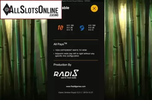 Paytable 2. Panda Pursuit Royal Edition from Radi8