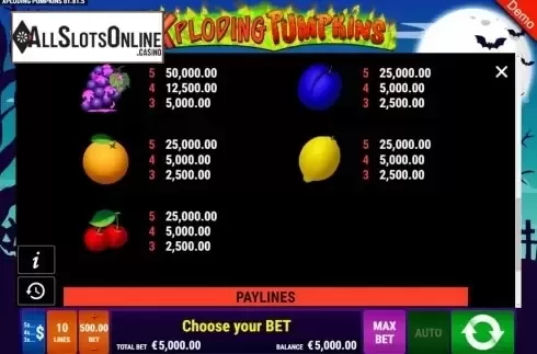 Paytable. Xploding Pumpkins from Gamomat