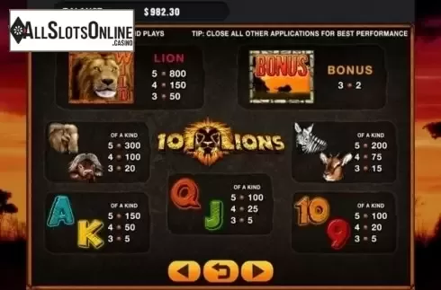 Paytable. 101 Lions from GMW