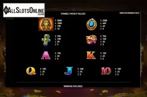 Paytable 2. Book of the Pharaohs from Playreels